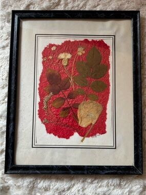 Pressed Botanical Wall Art - Red and Brown Floral Composition vintage handmade